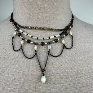 Multiple Strand Wire Copper Mother of Pearl Chain Necklace Layered - 15-17.5"